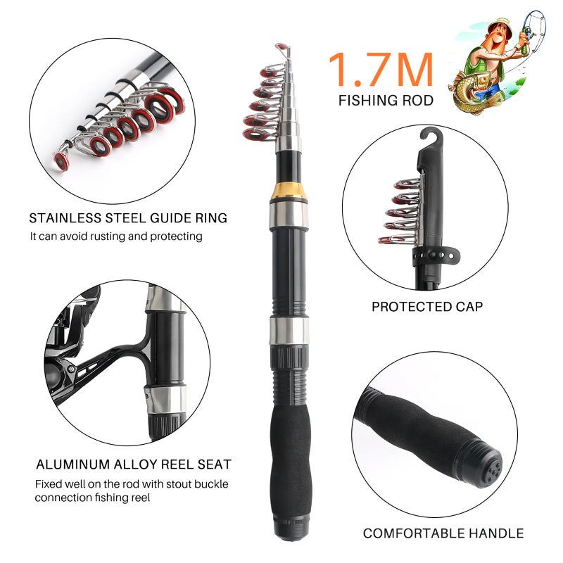 mouhike Telescopic Fishing Rod Reel Full Kit Fishing Line Lures for Beginner All-in-One 1.7M/5.58FT Light-Weight Fishing Rod+Spinning Reel+Line+Lures Set+Carry Bag for Kids Youth Outdoor Travel Bass Trout - Image 3